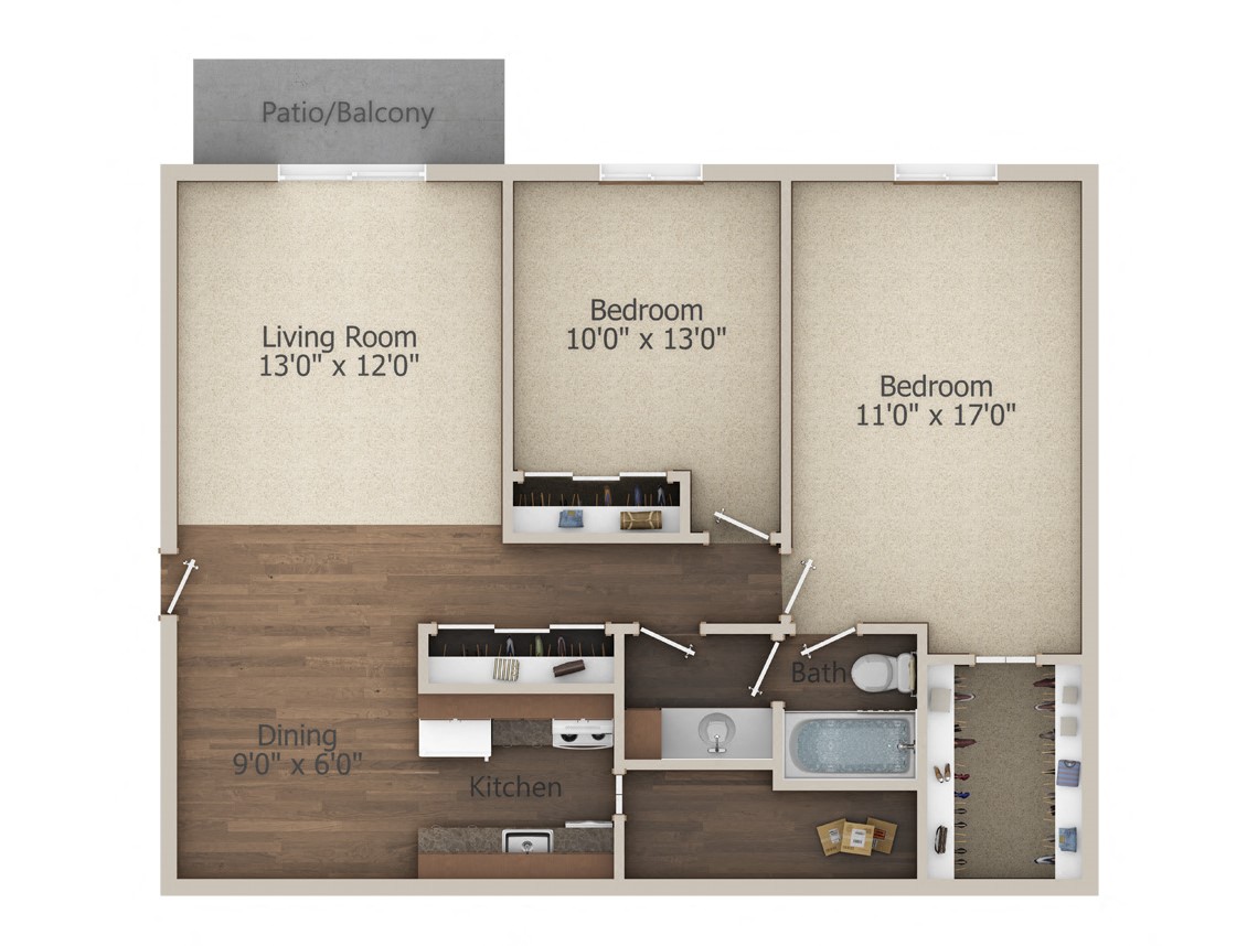 Floor plan for 2 beds, 1 bath, 952 sqft